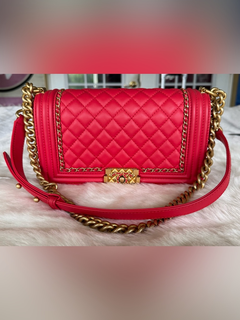 CHANEL Leboy Flap Red Quilted Shoulder Bag with Gold Chain